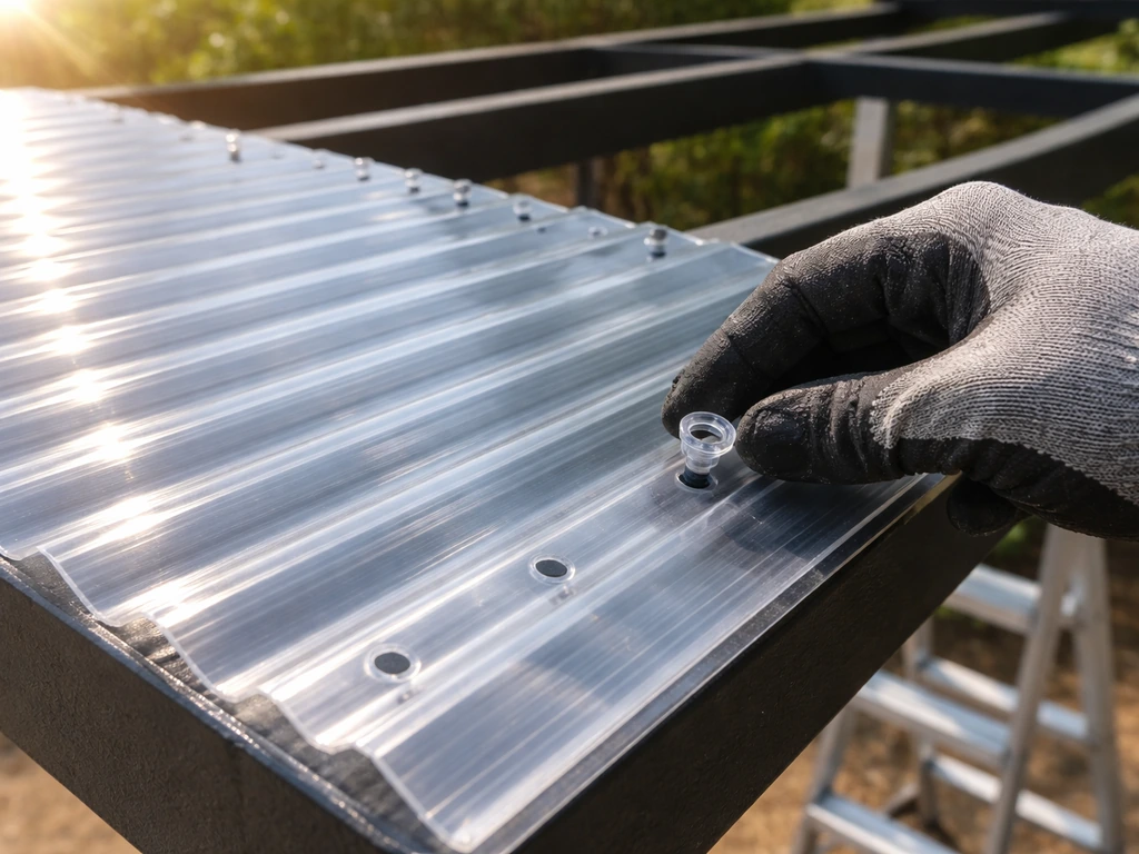 Gloved hand installing corrugated polycarbonate panels on roof framing with sunward UV side and pre-drilled holes