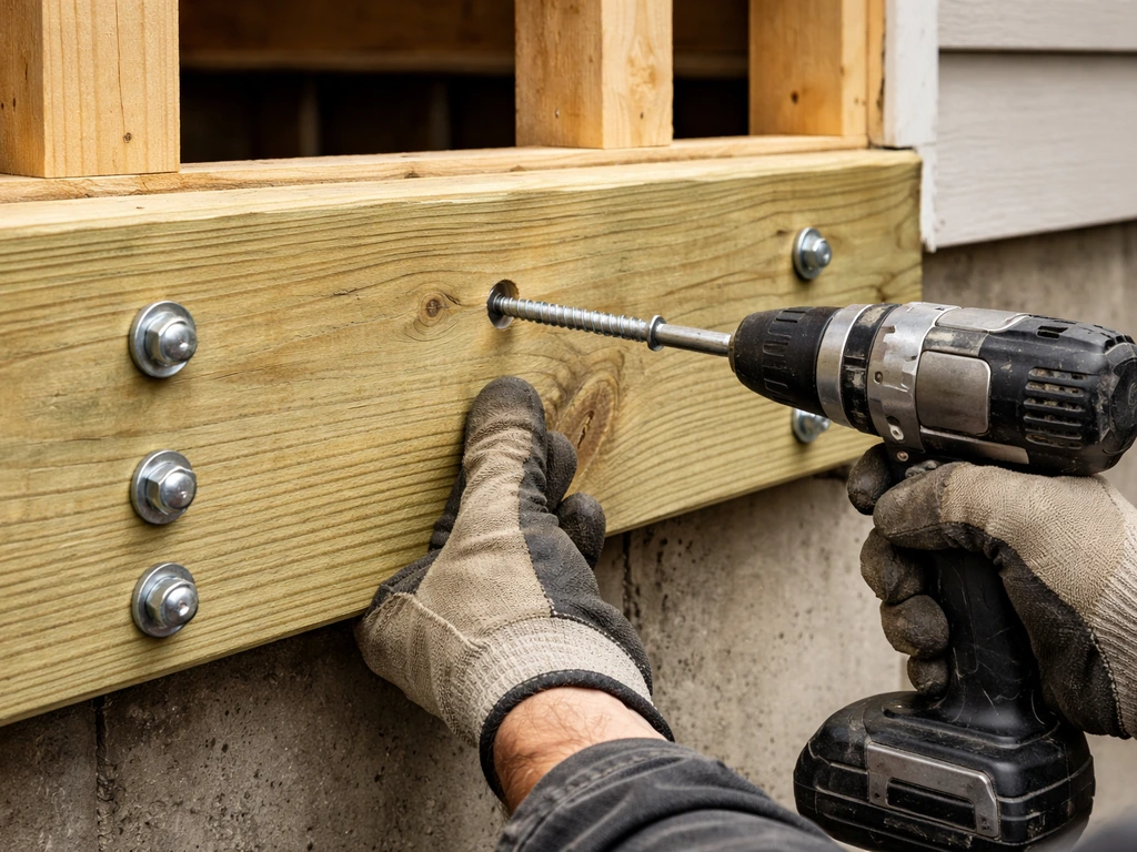 Close-up of ledger board bolted to a house rim joist with lag screws and a drill.