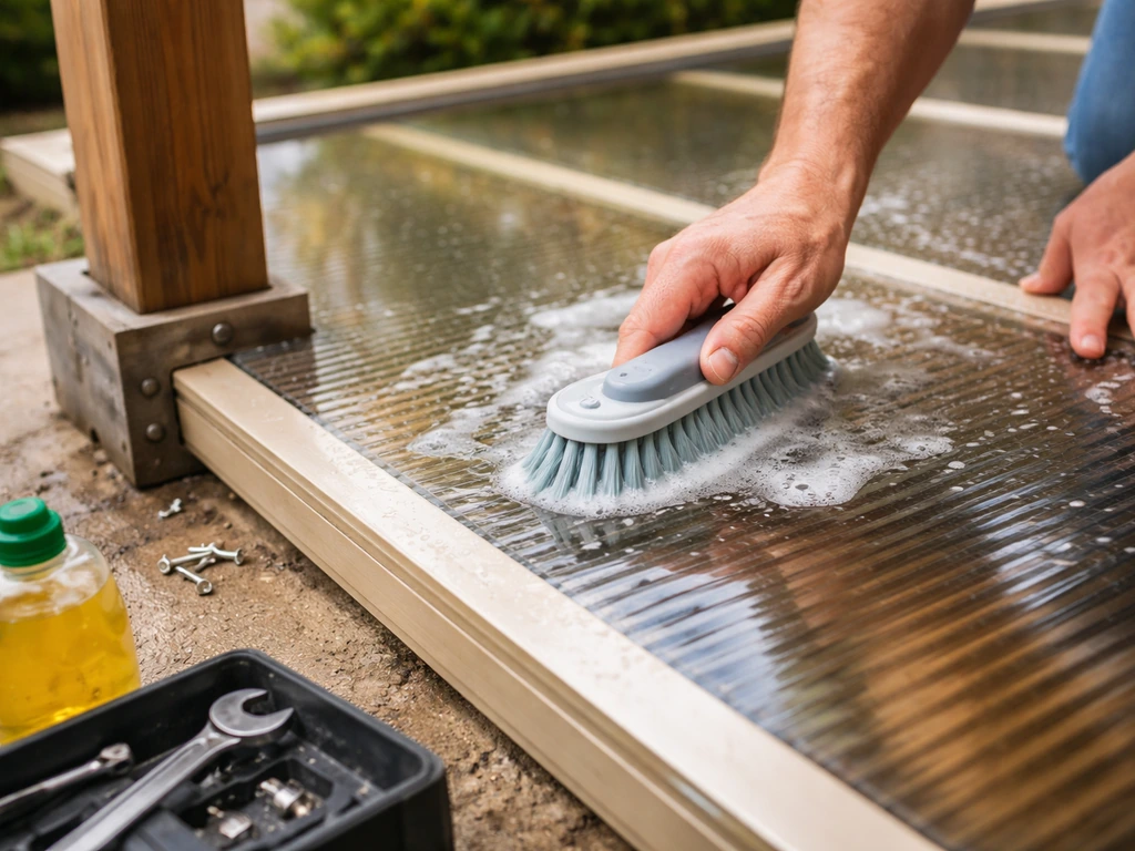 Hand cleaning polycarbonate patio cover with soft brush, mild soap, while checking fasteners near a wood post base
