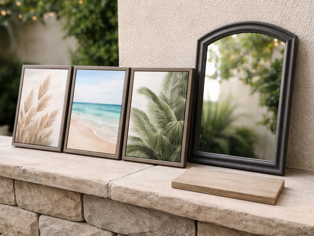 Framed outdoor art, a leaning mirror, and a small wooden sign staged for a patio wall DIY.