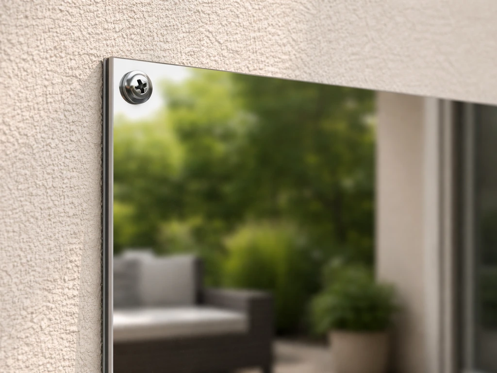Outdoor acrylic mirror mounted on a patio wall, with visible anchor and screw hardware.