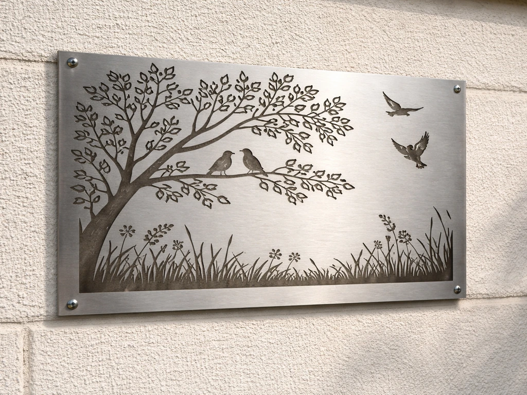 Laser-cut metal sign mounted on a patio wall with visible pre-drilled mounting points