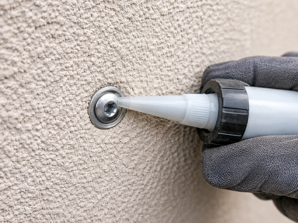 Hand applying a small bead of neutral-cure silicone sealant around an exterior wall anchor head