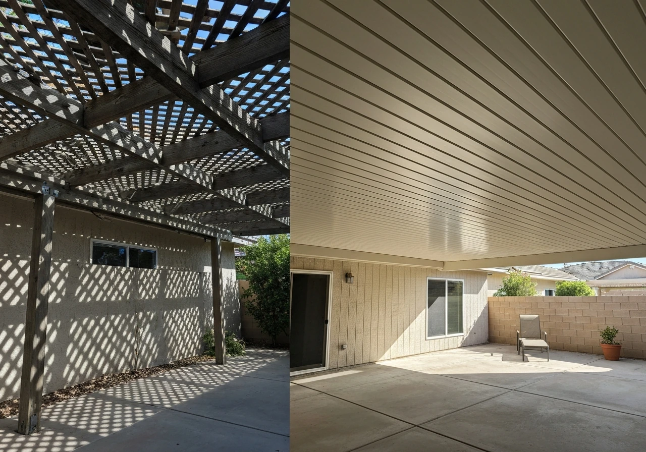 Split view of a patio with open lattice pergola light and a solid roof with even shade