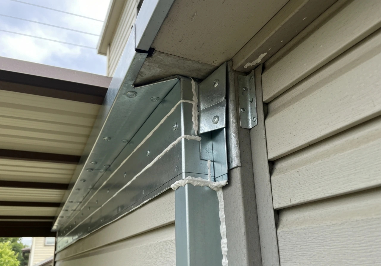 Close-up of a patio cover ledger connection with properly lapped waterproof flashing and fasteners.