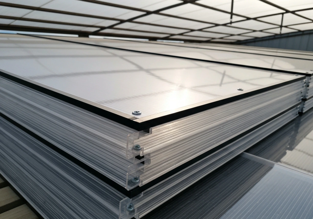 Close-up of translucent twin-wall polycarbonate panels on a covered roof with channels and sealed edges.