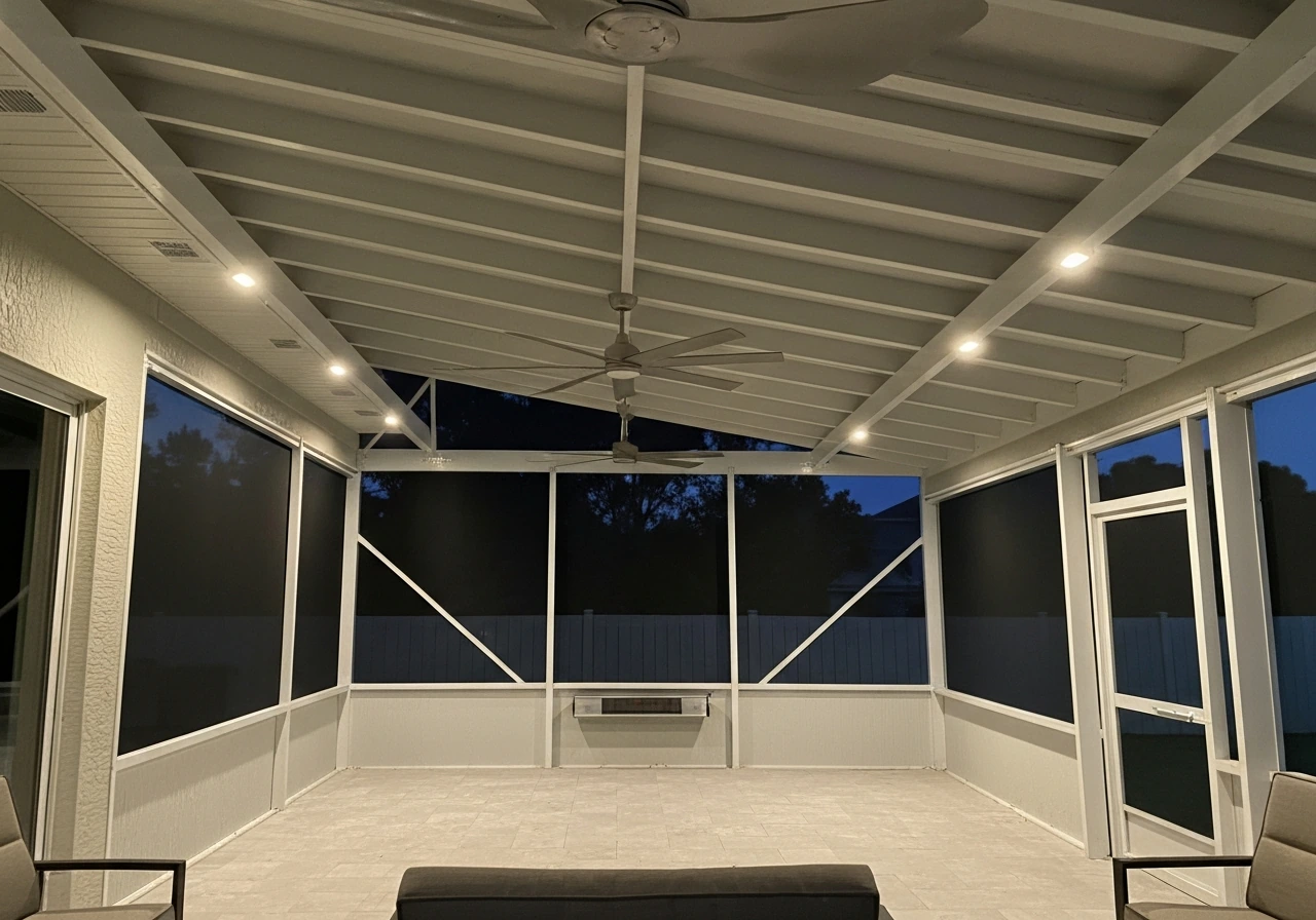Under a screened patio cover, warm lights and a ceiling fan on a finished outdoor living space.