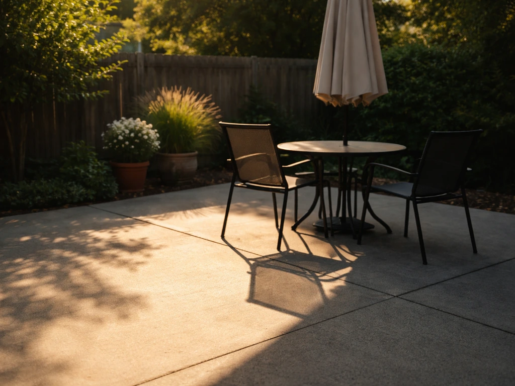 Residential patio with a clear split between sunlit and shaded ground areas from different sun angles.