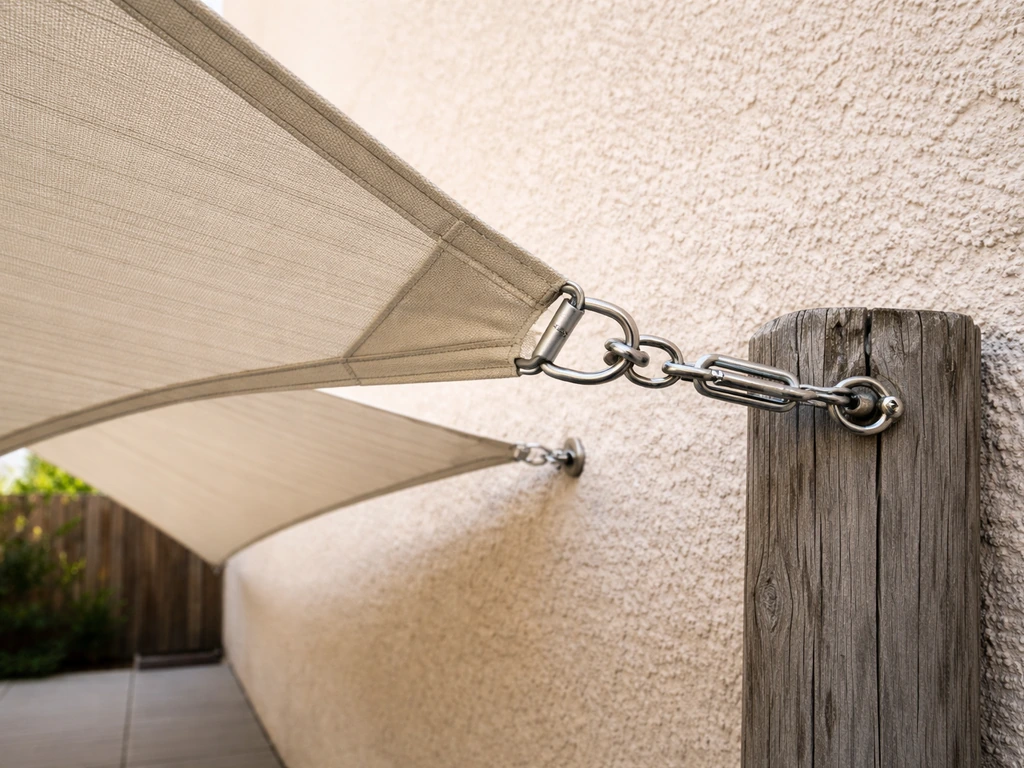 Close-up of a tensioned shade sail corner with metal rings and turnbuckles anchored to posts and wall