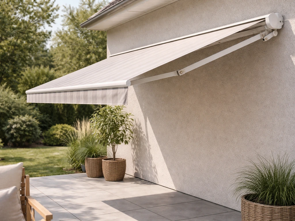 Retractable awning extended from a house wall over a quiet patio.