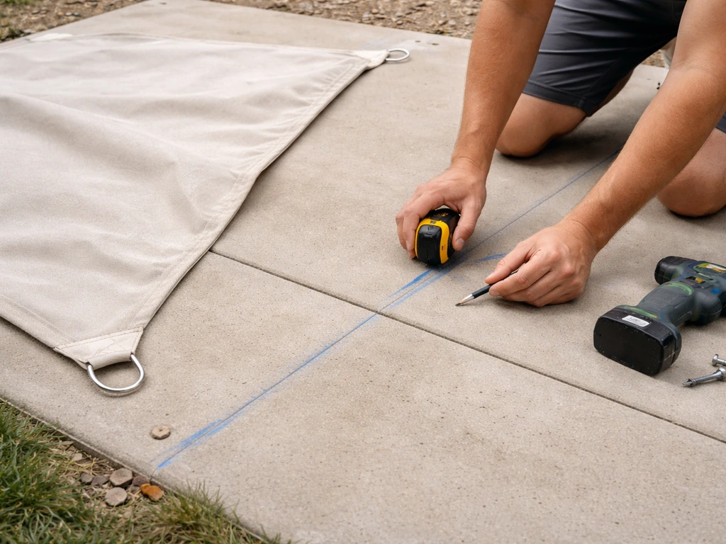 Hands mark shade sail anchor points on a patio while the sail is laid out flat for coverage.