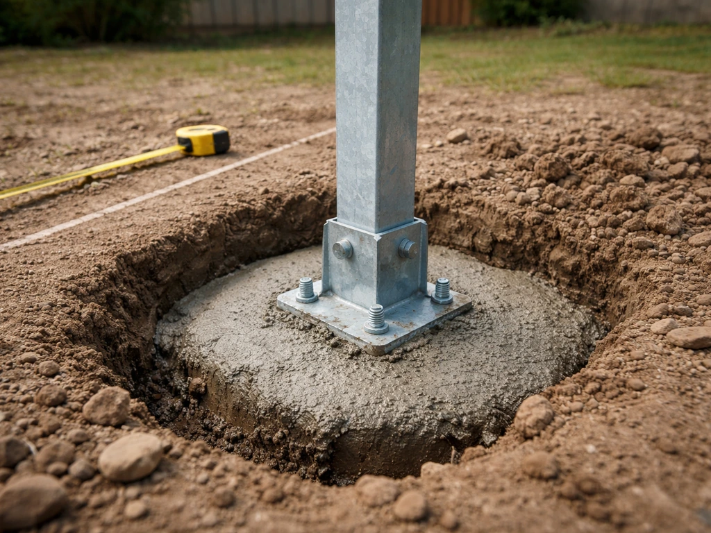 Galvanized pergola post being set in a freshly poured concrete footing in a backyard.