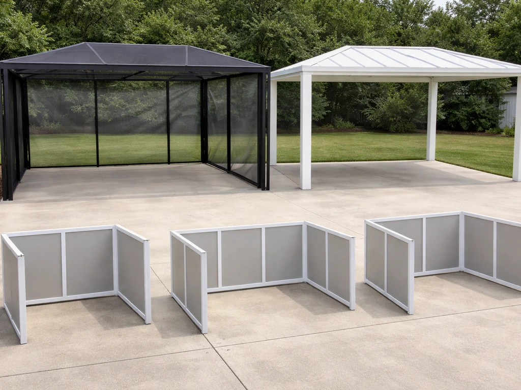 Side-by-side roof and wall layout mockups: screened vs solid roofs with 2-, 3-, and 4-sided panels.