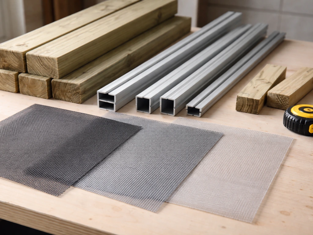 Workbench with lumber and metal framing pieces beside sample screen mesh rolls in a simple indoor setup.