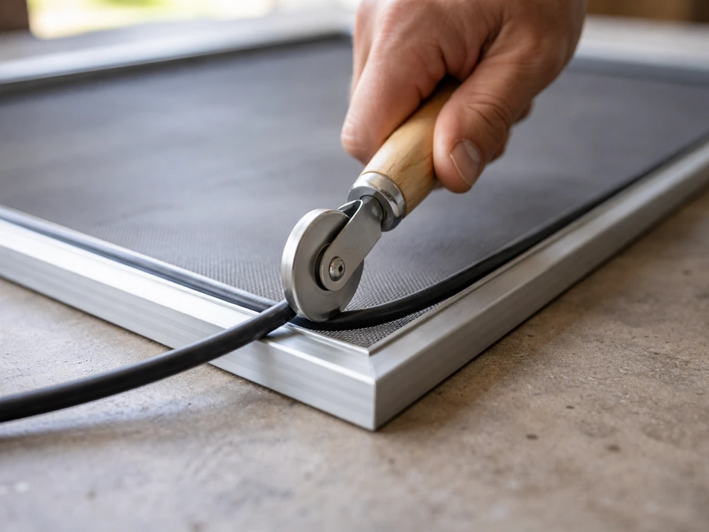 Close-up of vinyl spline pressed into a screen frame groove using a roller tool
