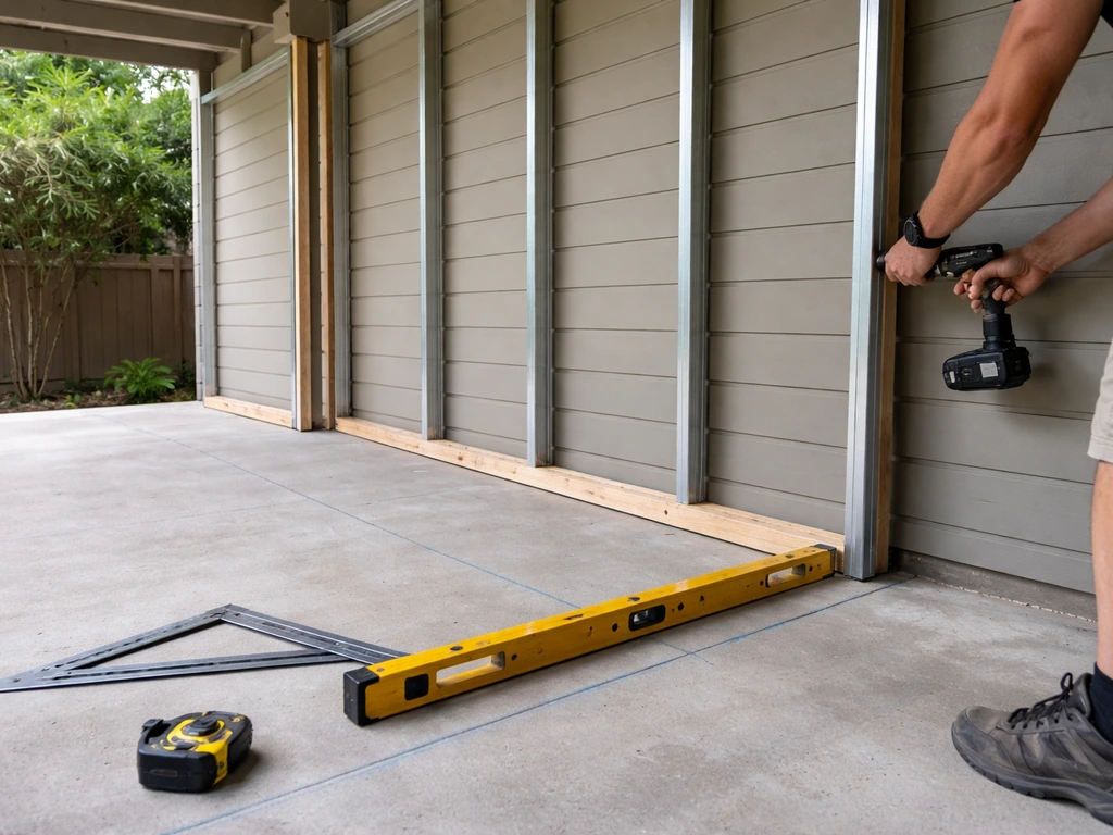 Framing crew assembles patio screen wall posts and rails on a concrete slab with levels and squares.