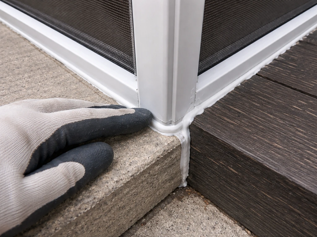 Close-up of a caulked screen panel corner and sealed frame-to-slab joint with a gloved hand pressing sealant.