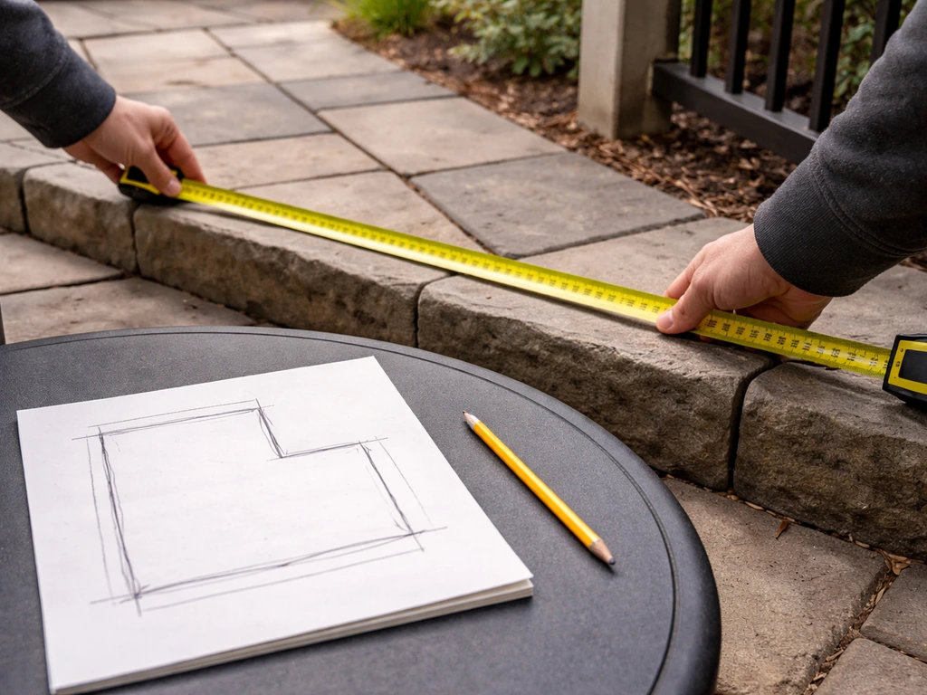 Person measuring a small patio with a tape measure beside a simple handwritten layout sketch