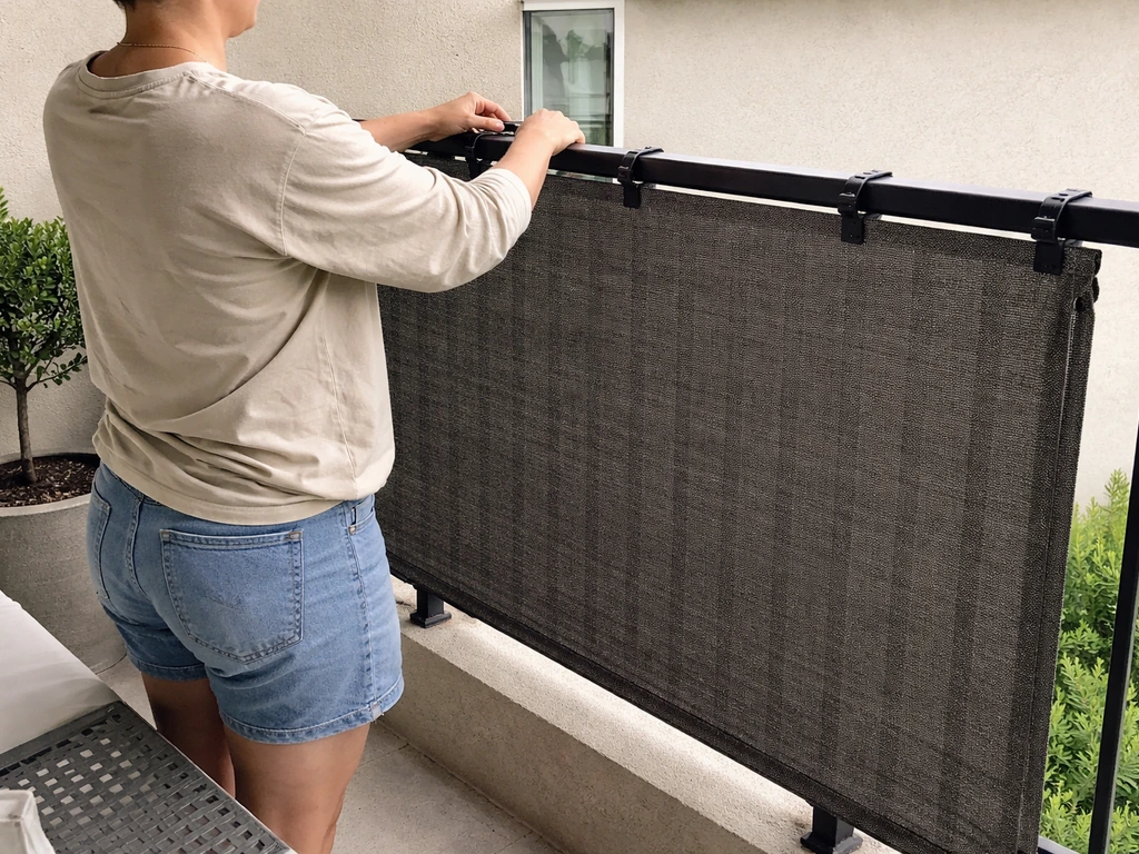 Person installing an over-rail privacy screen on an apartment patio without drilling