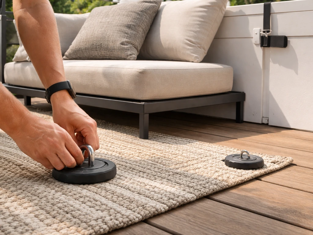 Hands anchoring an outdoor rug corner with pegs and securing cushions on a powder-coated patio frame.