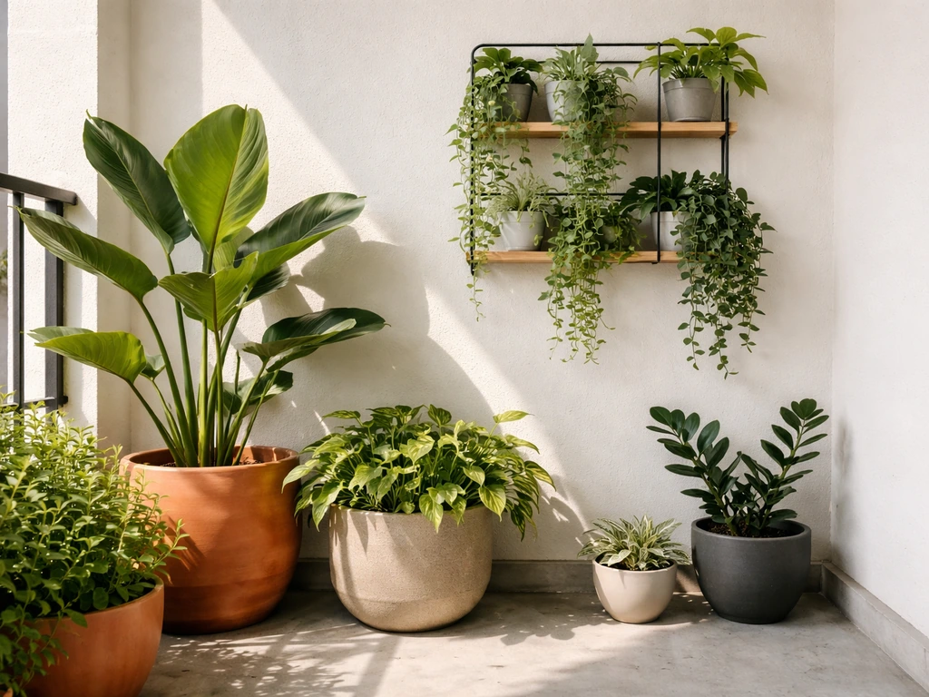 Small apartment patio with potted plants and a simple vertical greenery setup in natural light.