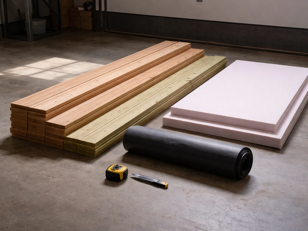 Tidily staged lumber and foam insulation boards on a garage floor with simple tools nearby