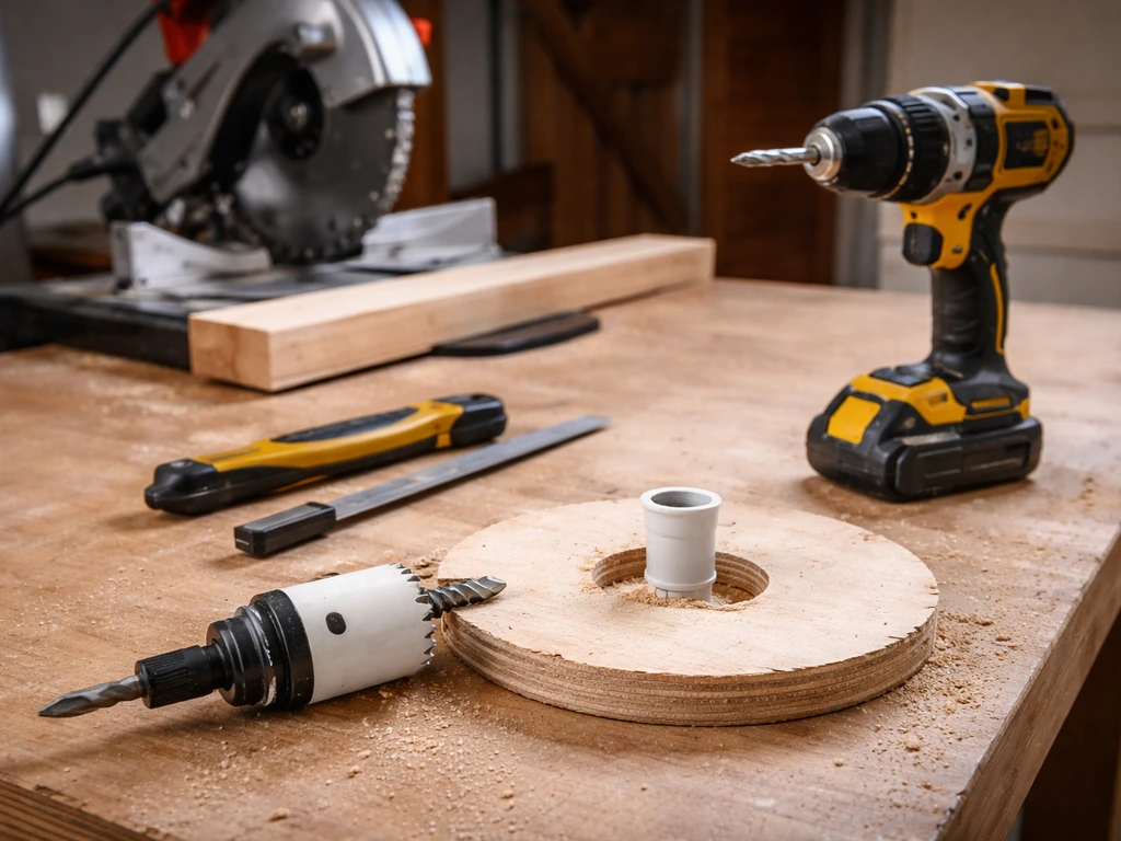 Tools on a workbench: miter saw, drill/driver, utility knife, and a hole saw near a drain spigot opening