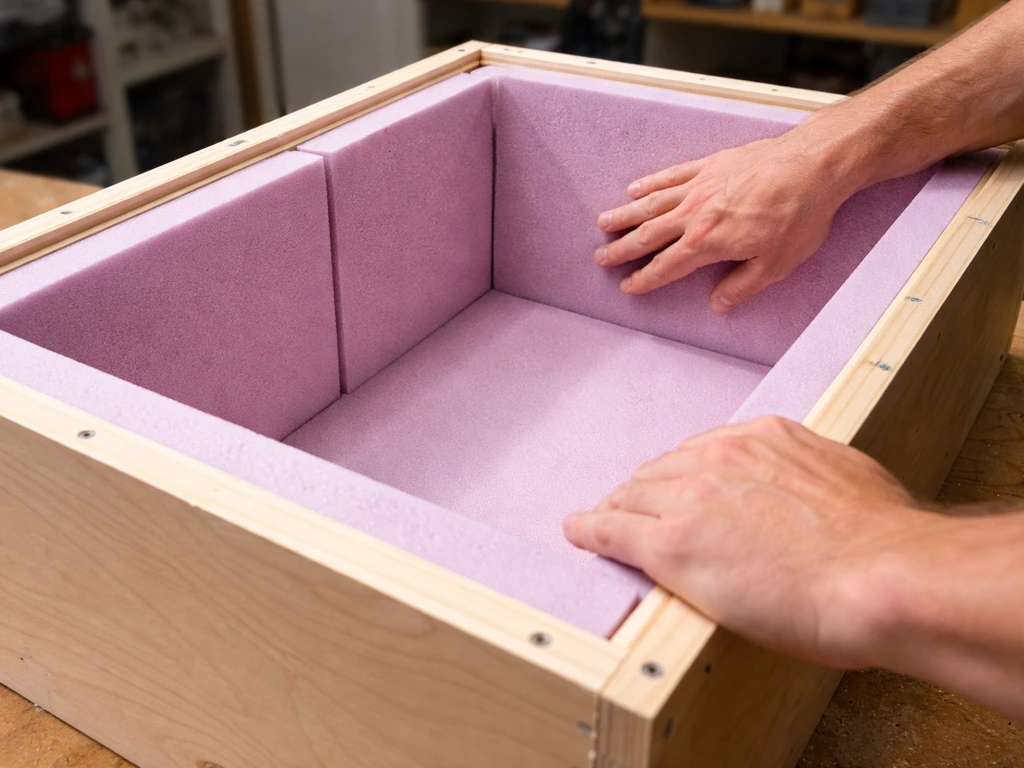 Hands fitting rigid foam insulation panels inside a wooden framed outer box on a workbench.
