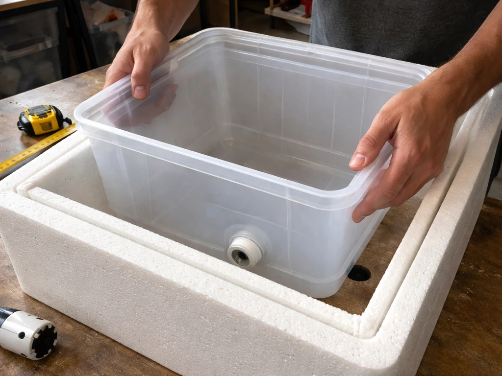 Close-up of a foam-lined cooler as a plastic tub/liner is lowered so the drain opening aligns.
