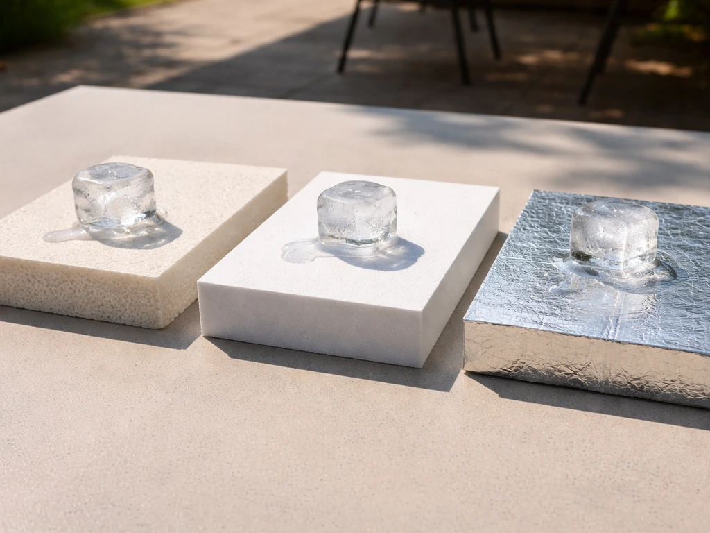 Three insulation boards with small ice blocks melting under direct sun comparison.