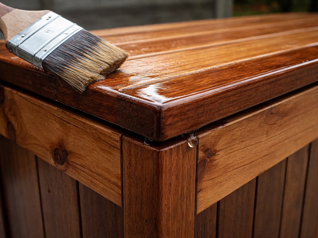 Close-up of fresh waterproof sealant on outdoor wood cooler edge with water beading on the lid seam