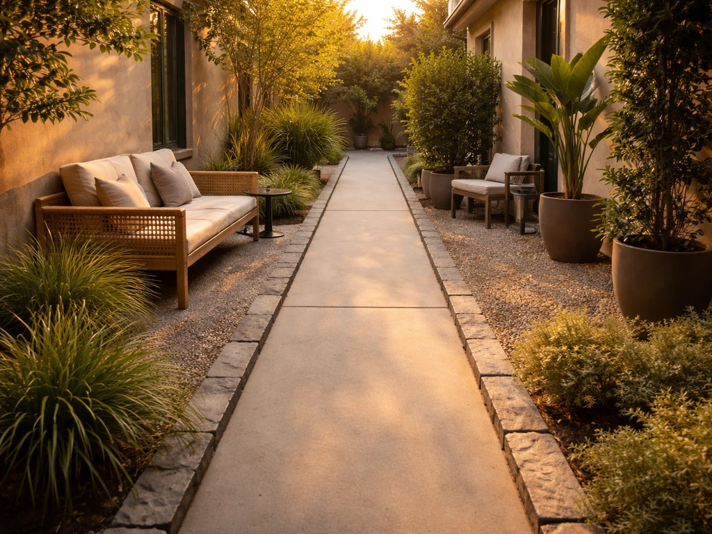 Long narrow patio with a clear walkway zone protected and furniture spaced to leave room to pass.