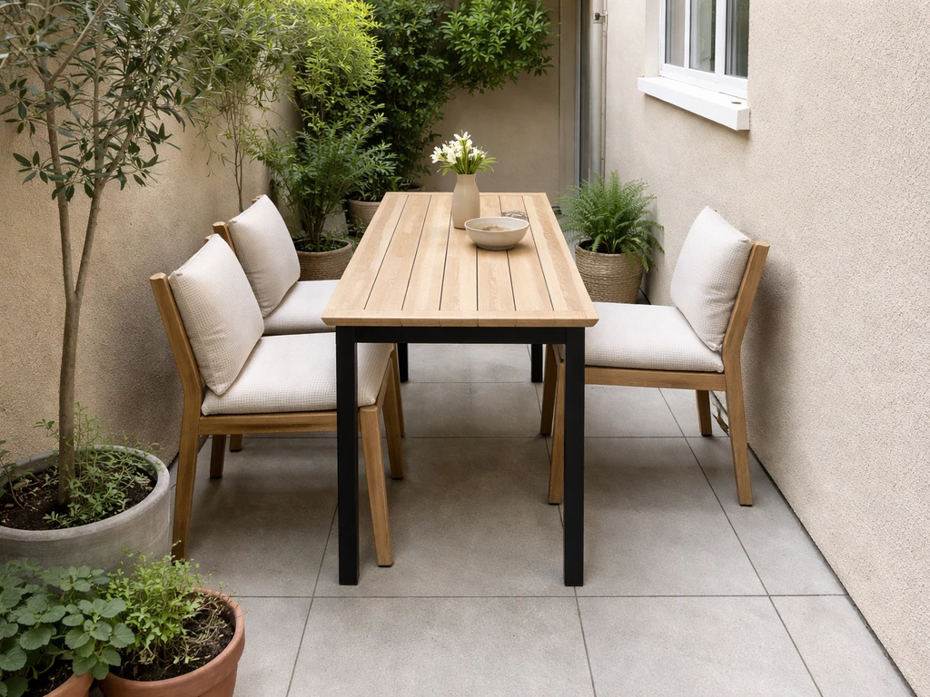 Narrow patio dining set with a lengthwise rectangular table and chairs leaving clear walkway space.