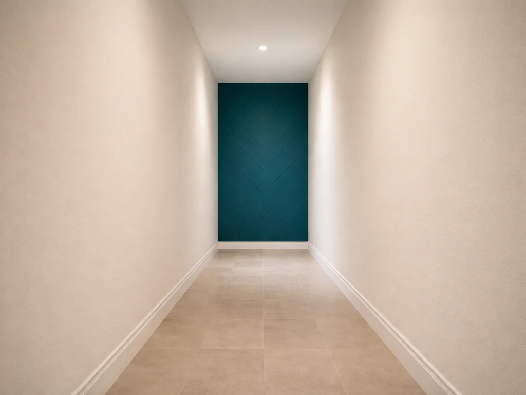 Long hallway with a bold teal patterned far wall and light side walls and floor to reduce tunnel effect.