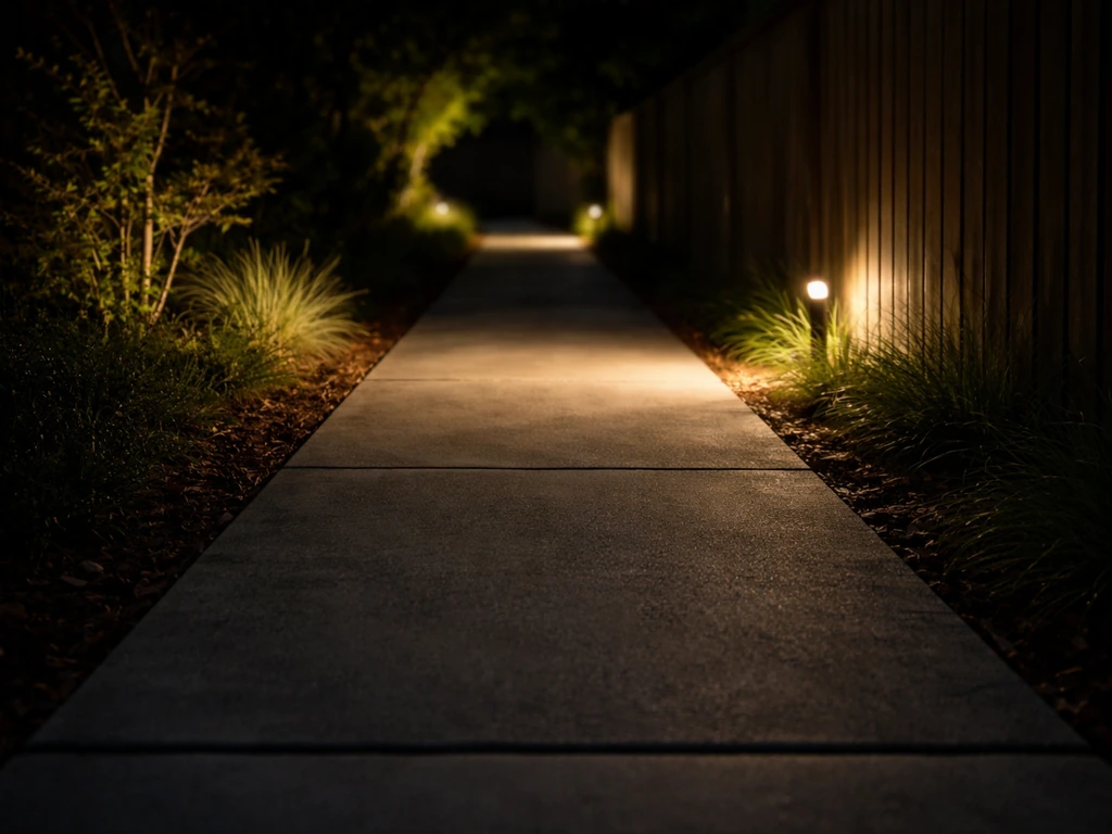 Warm outdoor lights create bright focal pools and dim transitions along a narrow walkway at night.