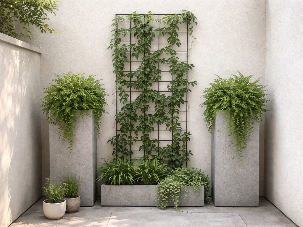 Minimal patio corner with wall trellis vines and tall narrow planters creating vertical greenery.
