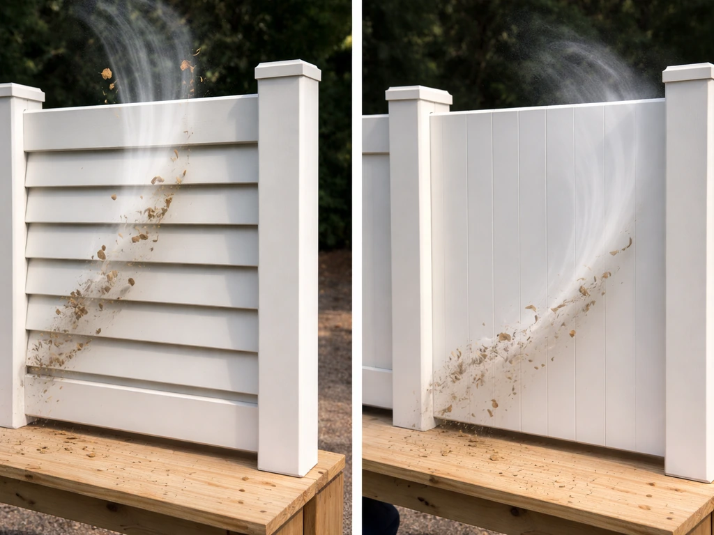 Close-up of louvered vs flat privacy panels showing airflow deflecting upward on the slats.