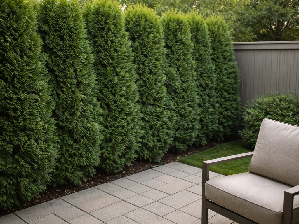 Dense evergreen shrubs planted in a row along a patio edge as a living windbreak