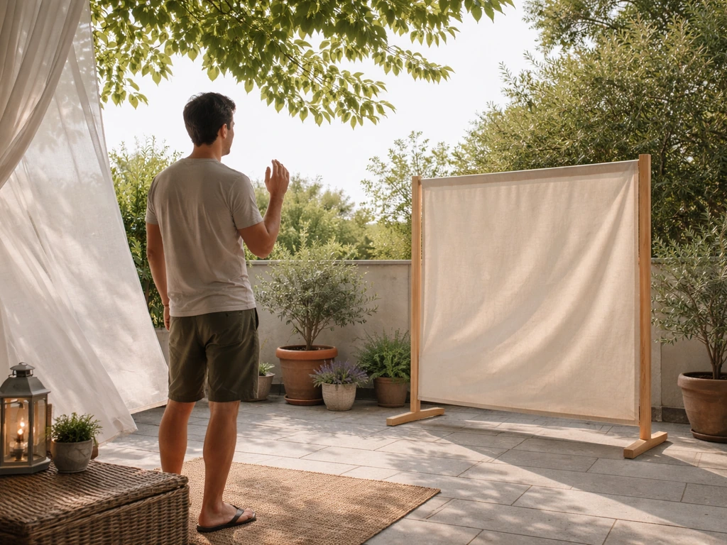 Person standing on a breezy patio to feel wind direction next to a simple barrier oriented into the wind.
