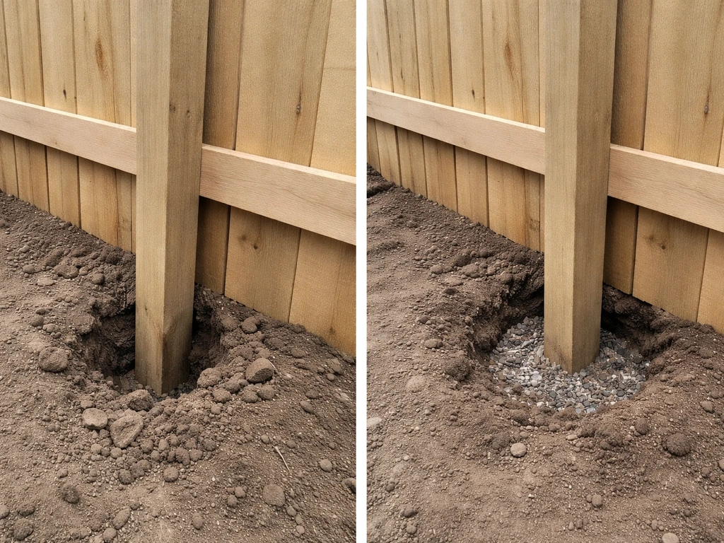 Split view: one fence post on shallow footing wobbling, the other set deeper and straight.