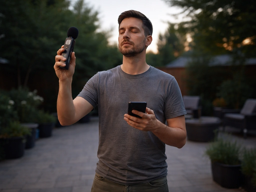 DIY homeowner stands in the patio center with eyes closed, using a phone and sound meter to map noise direction.