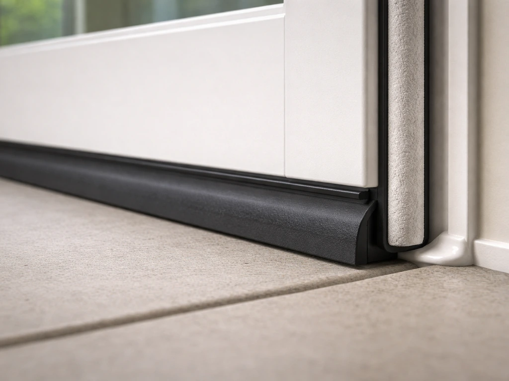 Close-up of a flat rubber door sweep sealing a patio door, with weatherstripping and caulked gaps nearby.