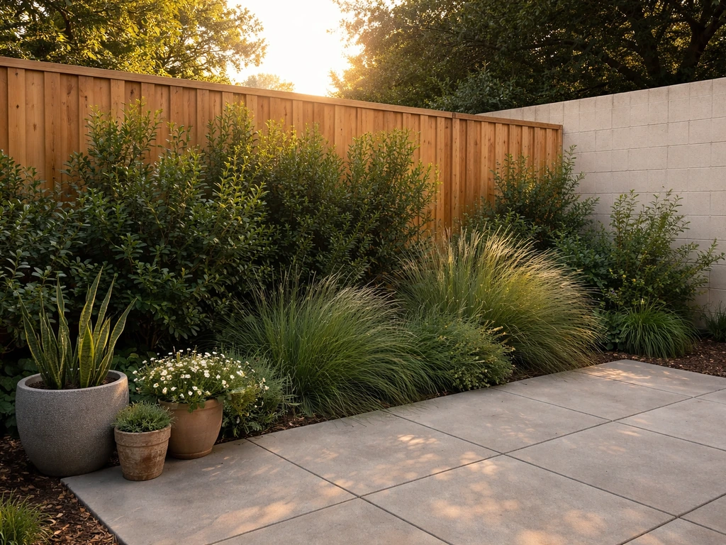 Open patio with a tall solid privacy fence and dense shrubs along the noisy side for sound blocking.