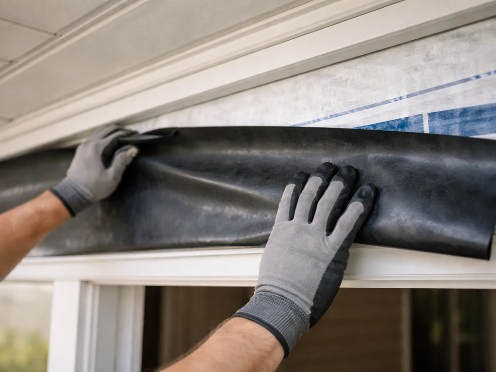 Hands installing an outdoor-rated sound barrier layer under patio siding with protective wrap