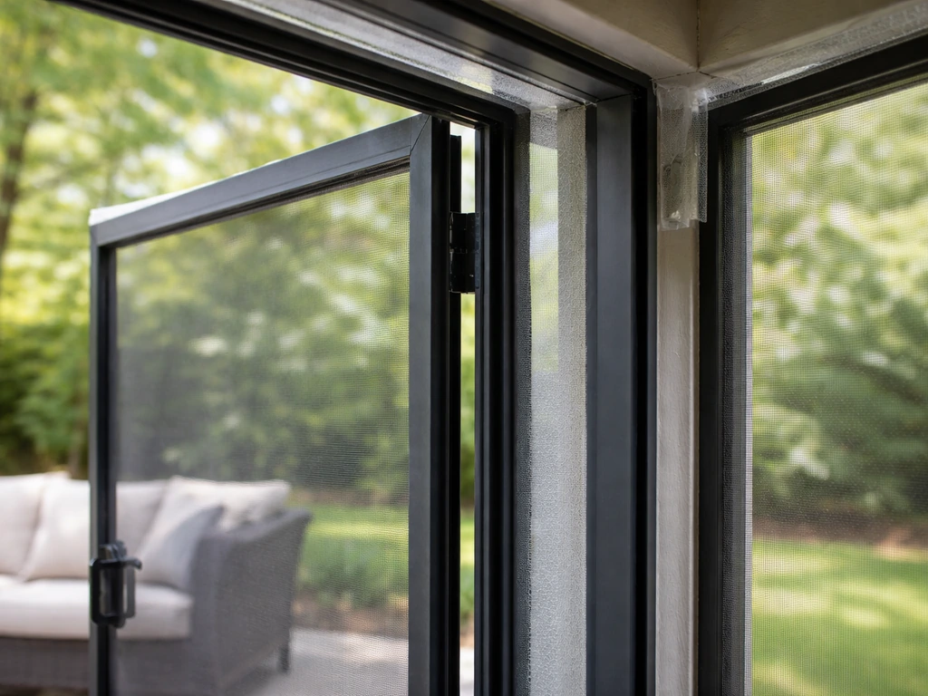 Screened patio door and edges with visibly sealed gaps and intact mesh barrier against bugs.