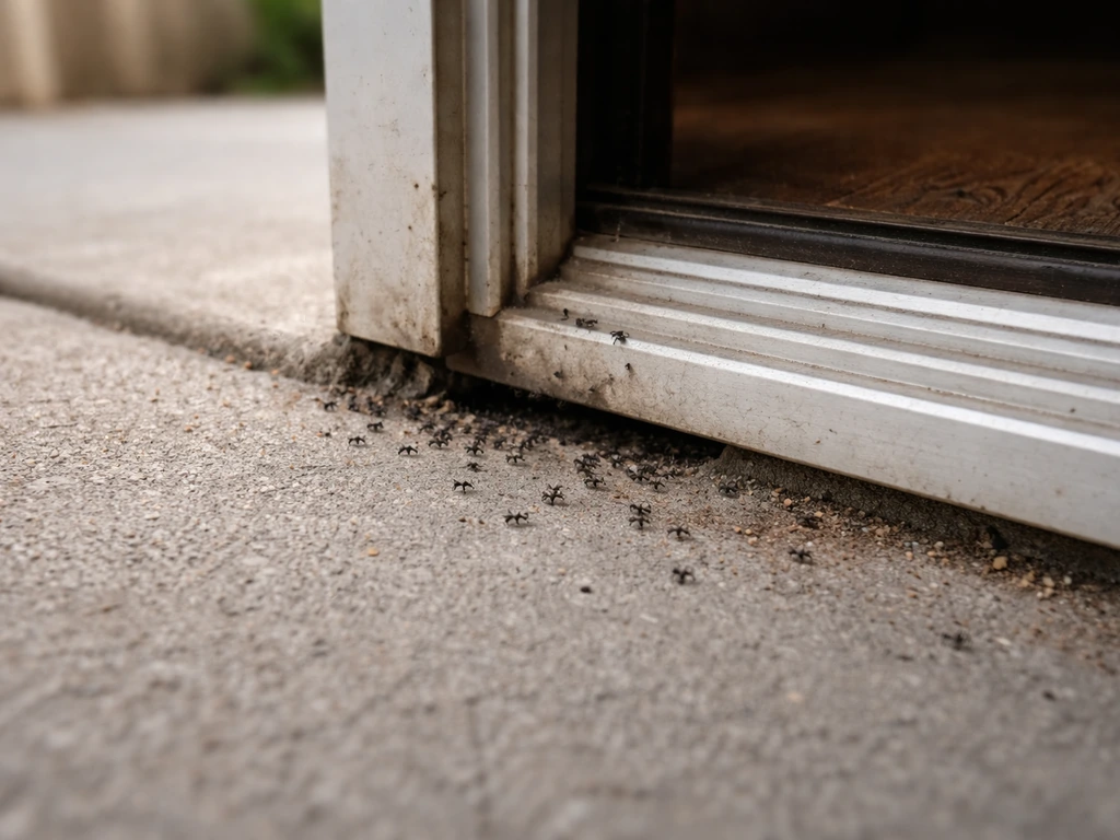 Close-up of a patio door gap with tiny ants on the threshold and a faint insect trail in natural light.