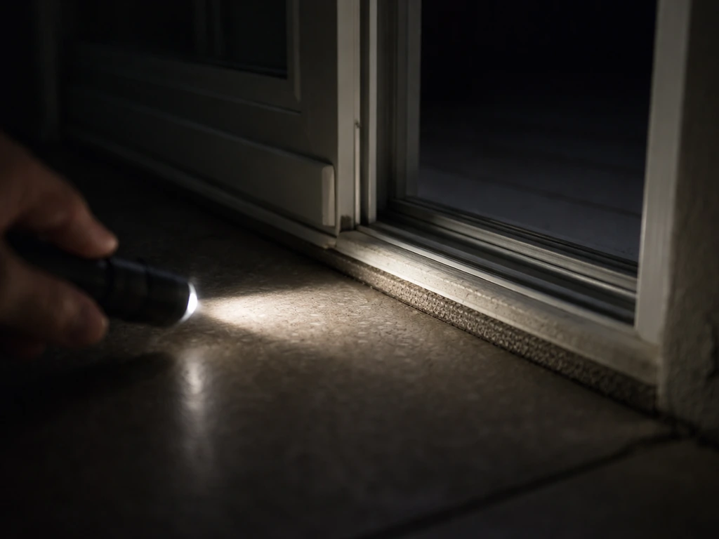 Hand shines a flashlight along the floor to check for light leaking under a patio door