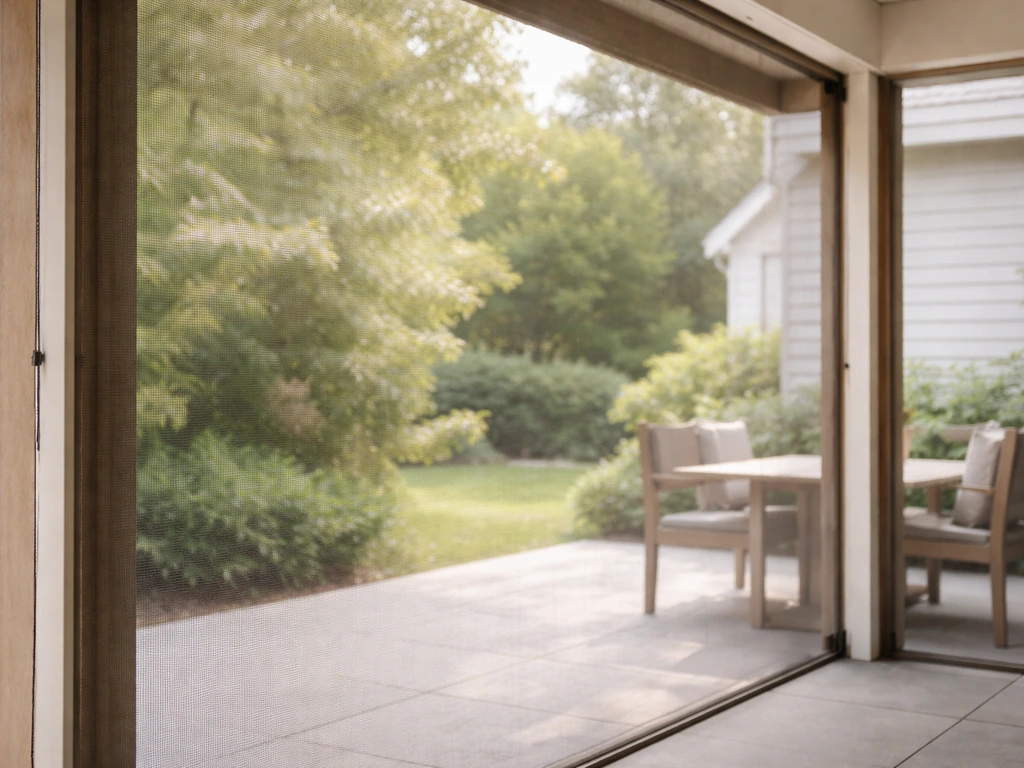 Patio opening covered with taut screen mesh, a close view showing the bug barrier in place.