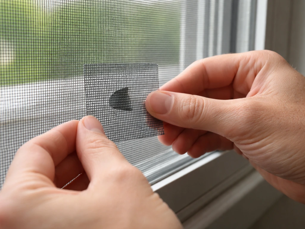 Close-up of a damaged window screen panel being repaired with a self-adhesive screen patch.