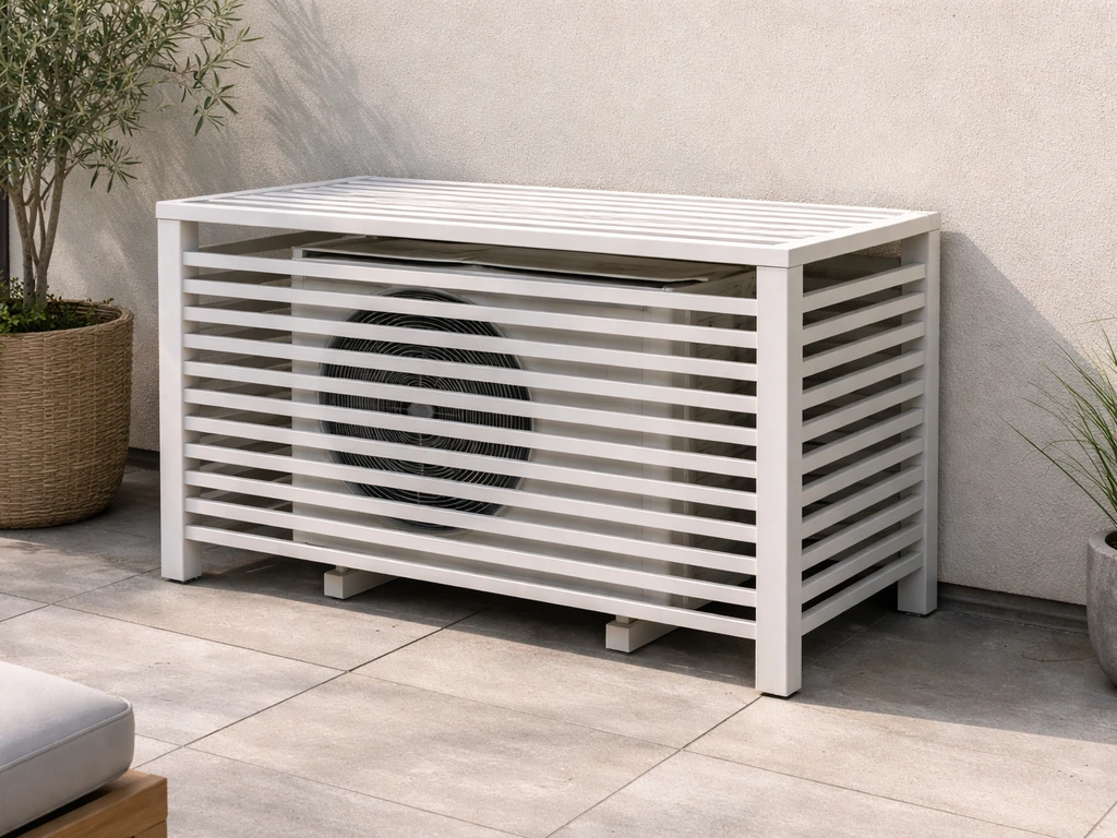 Outdoor patio AC condenser integrated behind slatted housing with clear airflow gaps.